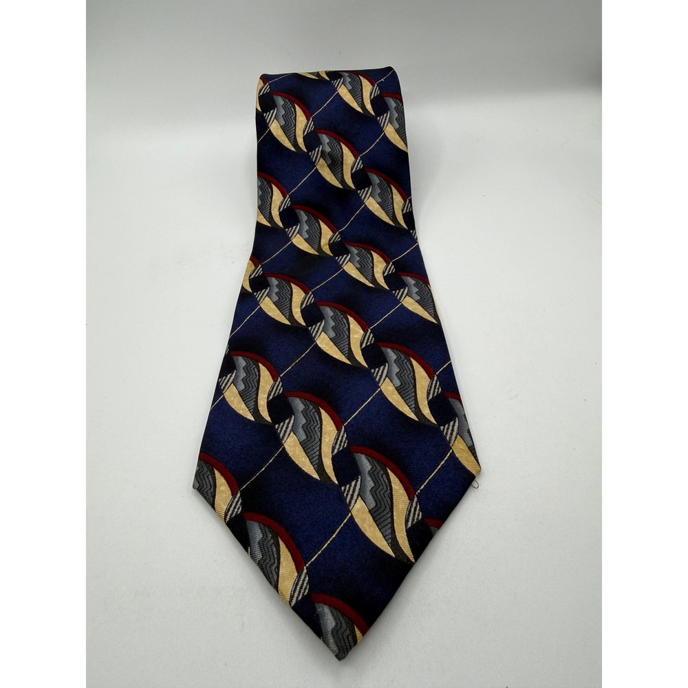Conte Di Milano Men Navy Blue‎ Gold Burgundy Geometric Abstract Silk Necktie